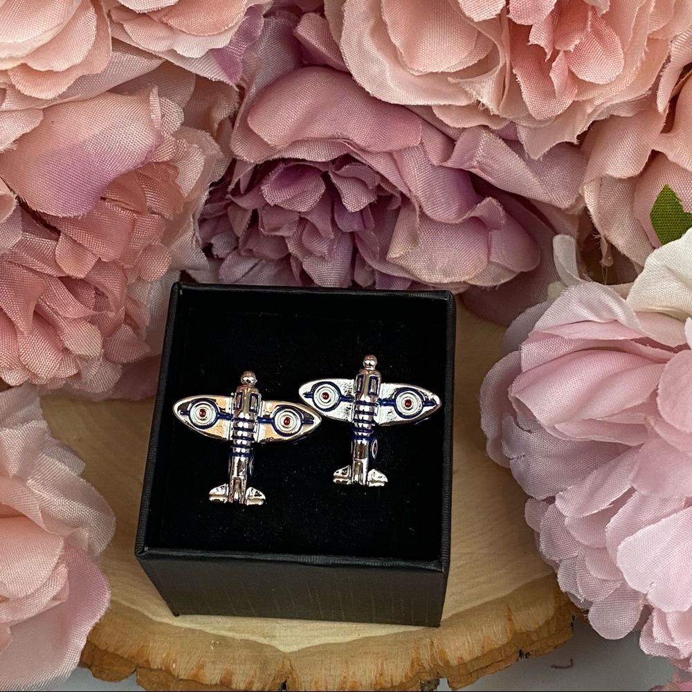 Silver Spitfire Military Airplane WWII Cufflinks - Picture 14 of 16